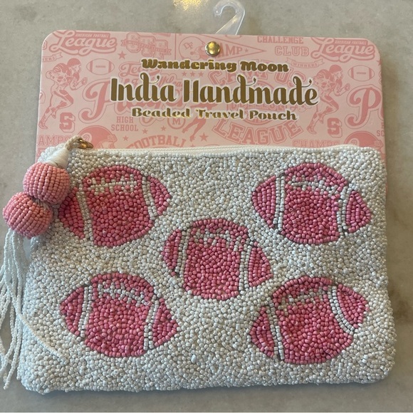 BUBBLEGUM FOOTBALL BEADED ZIP POUCH W TASSEL!! New!! - Picture 1 of 4